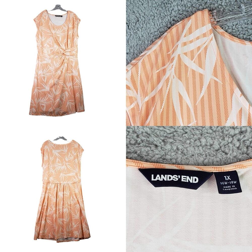 Lands End Dress Womens Plus Size 1X Faux Wrap Orange Tropical Jersey Knit